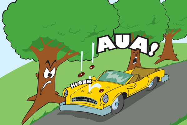 Dellenteam – ein Auto fährt unter einem Kastanienbaum, Kastanien fallen runter und verursachen Dellen